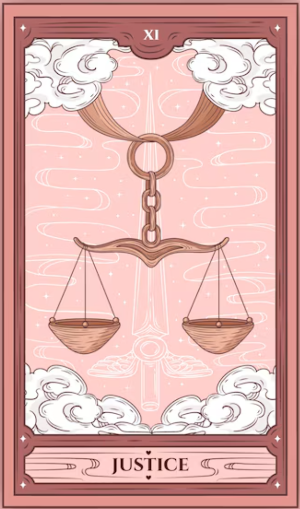 A carta de tarô A Justiça, simbolizando equilíbrio, verdade e causa e efeito.