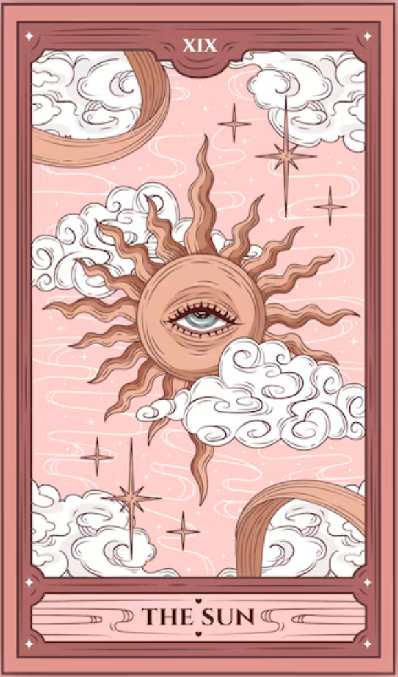 A carta de tarô O Sol, simbolizando sucesso, vitalidade e clareza.